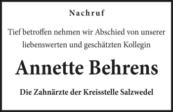 Traueranzeige von Annette Behrens  von Magdeburger Volksstimme