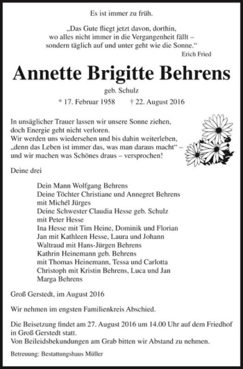 Traueranzeige von Annette Brigitte Behrens (geb. Schulz)  von Magdeburger Volksstimme