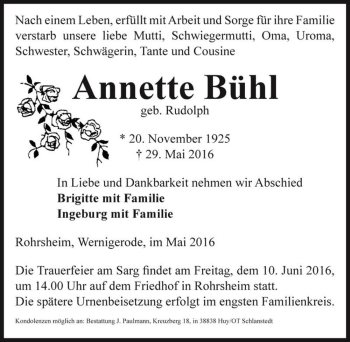 Traueranzeige von Annette Bühl (geb. Rudolph)  von Magdeburger Volksstimme