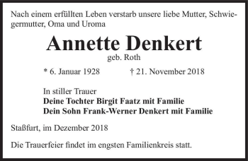 Traueranzeige von Annette Denkert (geb. Roth)  von Magdeburger Volksstimme