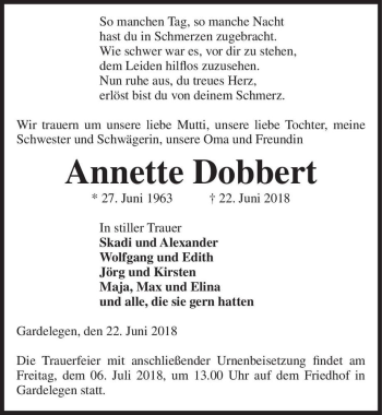Traueranzeige von Annette Dobbert  von Magdeburger Volksstimme