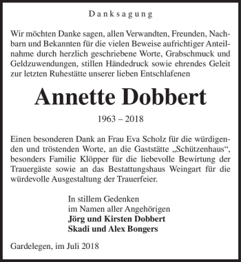 Traueranzeige von Annette Dobbert  von Magdeburger Volksstimme