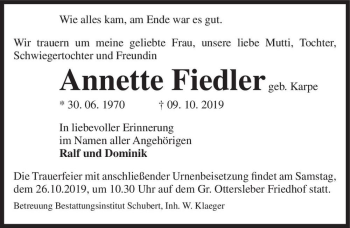Traueranzeige von Annette Fiedler (geb. Karpe)  von Magdeburger Volksstimme