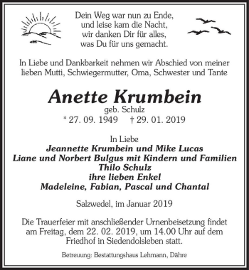 Traueranzeige von Annette Krumbein (geb. Schulz)  von Magdeburger Volksstimme