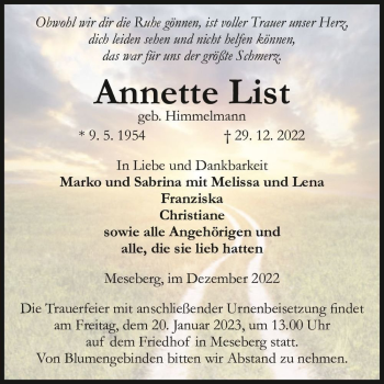 Traueranzeige von Annette List (geb. Himmelmann)  von Magdeburger Volksstimme