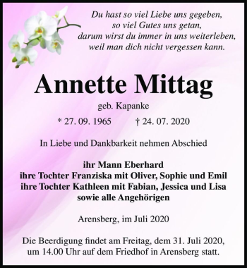 Traueranzeige von Annette Mittag (geb. Kapanke)  von Magdeburger Volksstimme