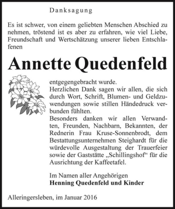 Traueranzeige von Annette Quedenfeld  von Magdeburger Volksstimme