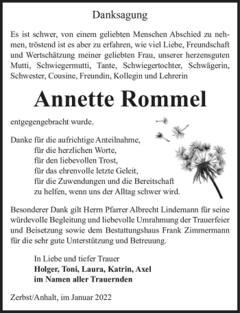 Traueranzeige von Annette Rommel  von Magdeburger Volksstimme