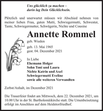 Traueranzeige von Annette Rommel (geb. Wieden)  von Magdeburger Volksstimme