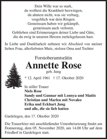 Traueranzeige von Annette Rose (geb. Jung)  von Magdeburger Volksstimme