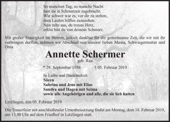 Traueranzeige von Annette Schermer (geb. Rau)  von Magdeburger Volksstimme