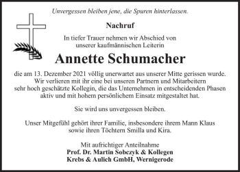 Traueranzeige von Annette Schumacher  von Magdeburger Volksstimme