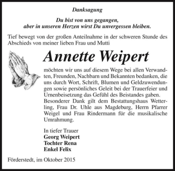 Traueranzeige von Annette Weipert  von Magdeburger Volksstimme
