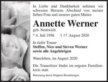 Traueranzeige von Annette Werner (geb. Nentwich)  von Magdeburger Volksstimme