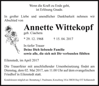 Traueranzeige von Annette Wittekopf (geb. Ciachera)  von Magdeburger Volksstimme