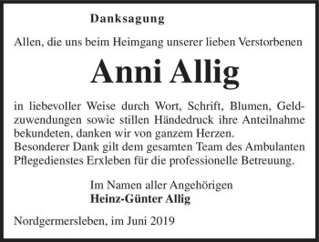 Traueranzeige von Anni Allig  von Magdeburger Volksstimme