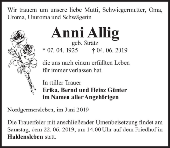 Traueranzeige von Anni Allig (geb. Strätz)  von Magdeburger Volksstimme