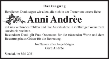 Traueranzeige von Anni Andrèe  von Magdeburger Volksstimme