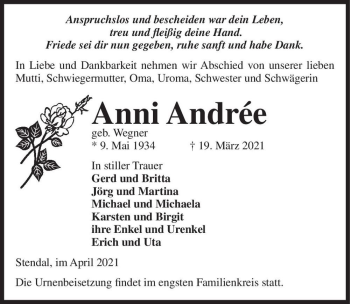 Traueranzeige von Anni Andrée (geb. Wegner)  von Magdeburger Volksstimme