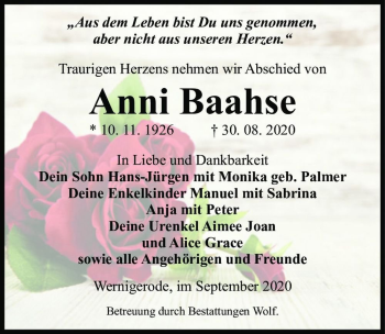 Traueranzeige von Anni Baahse  von Magdeburger Volksstimme