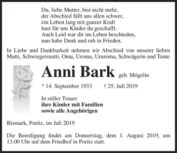 Traueranzeige von Anni Bark (geb. Mögelin  von Magdeburger Volksstimme