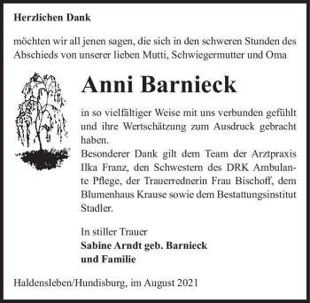 Traueranzeige von Anni Barnieck  von Magdeburger Volksstimme