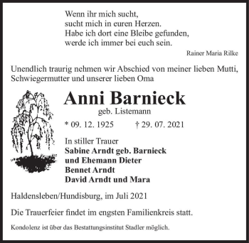 Traueranzeige von Anni Barnieck (geb. Listemann)  von Magdeburger Volksstimme