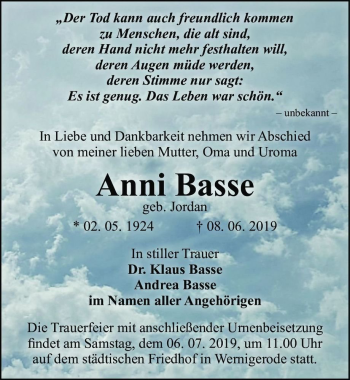 Traueranzeige von Anni Basse (geb. Jordan)  von Magdeburger Volksstimme