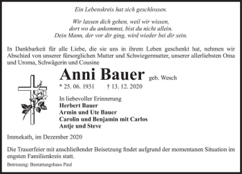 Traueranzeige von Anni Bauer (geb. Wesch)  von Magdeburger Volksstimme