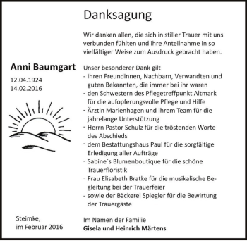 Traueranzeige von Anni Baumgart  von Magdeburger Volksstimme