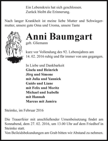 Traueranzeige von Anni Baumgart (geb. Gliemann)  von Magdeburger Volksstimme