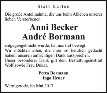 Traueranzeige von Anni Becker, André Bormann  von Magdeburger Volksstimme
