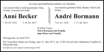 Traueranzeige von Anni Becker  von Magdeburger Volksstimme