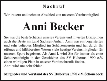Traueranzeige von Anni Becker  von Magdeburger Volksstimme