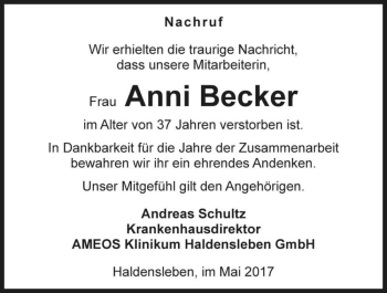 Traueranzeige von Anni Becker  von Magdeburger Volksstimme