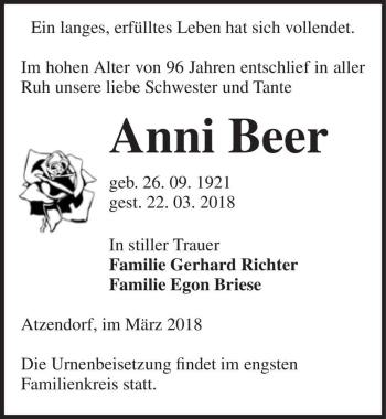 Traueranzeige von Anni Beer  von Magdeburger Volksstimme