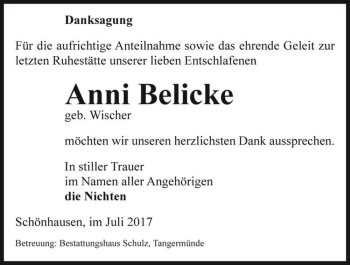 Traueranzeige von Anni Belicke (geb. Wischer)  von Magdeburger Volksstimme