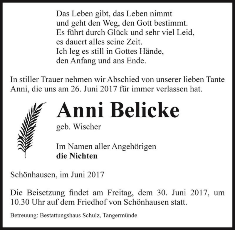  Traueranzeige für Anni Belicke (geb. Wischer)  vom 28.06.2017 aus Magdeburger Volksstimme