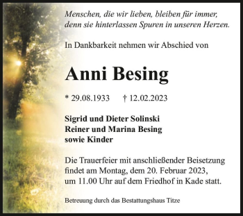 Traueranzeige von Anni Besing  von Magdeburger Volksstimme