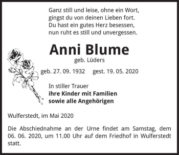 Traueranzeige von Anni Blume (geb. Lüders)  von Magdeburger Volksstimme