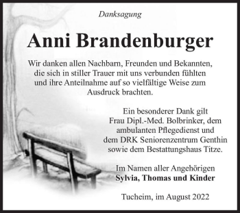 Traueranzeige von Anni Brandenburger  von Magdeburger Volksstimme