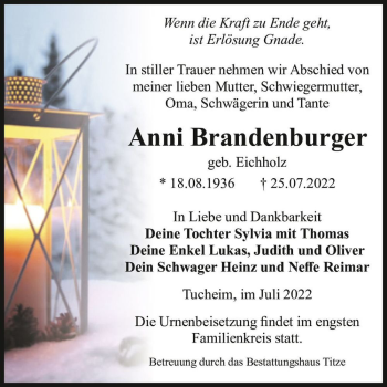 Traueranzeige von Anni Brandenburger (geb. Eichholz)  von Magdeburger Volksstimme