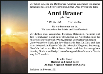 Traueranzeige von Anni Brauer (geb. Hirst)  von Magdeburger Volksstimme