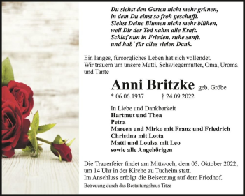 Traueranzeige von Anni Britzke (geb. Gröbe)  von Magdeburger Volksstimme