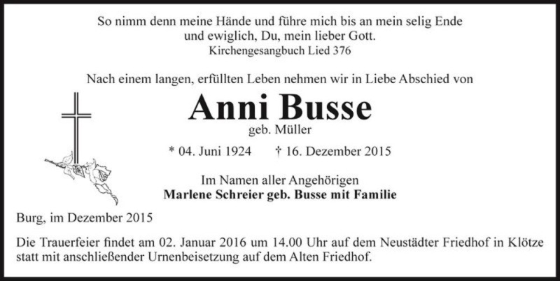  Traueranzeige für Anni Busse (geb. Müller)  vom 28.12.2015 aus Magdeburger Volksstimme