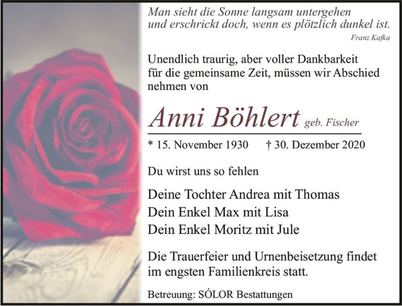  Traueranzeige für Anni Böhlert (geb. Fischer)  vom 16.01.2021 aus Magdeburger Volksstimme