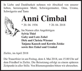 Traueranzeige von Anni Cimbal  von Magdeburger Volksstimme