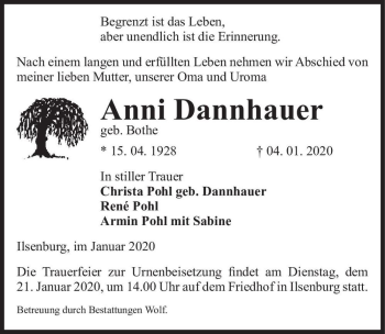 Traueranzeige von Anni Dannhauer (geb. Bothe)  von Magdeburger Volksstimme