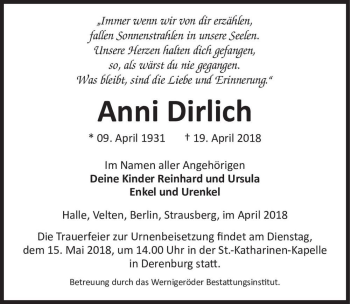 Traueranzeige von Anni Dirlich  von Magdeburger Volksstimme