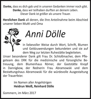 Traueranzeige von Anni Dölle  von Magdeburger Volksstimme